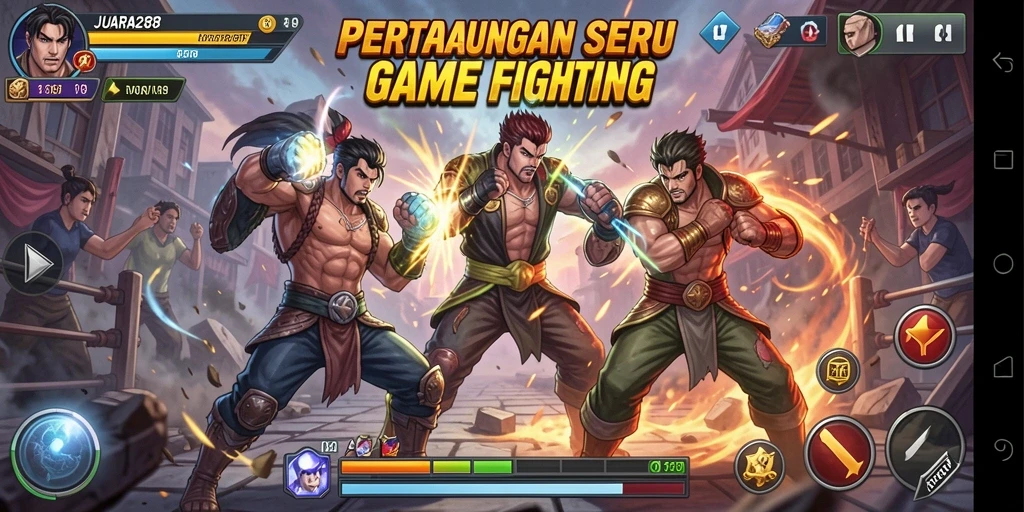 Tampilan dinamis gameplay JUARA288 dengan karakter beraksi di arena Fighting.