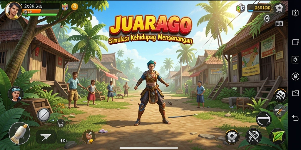 Screenshot gameplay JUARAGO menampilkan karakter yang berinteraksi dalam dunia simulasi.